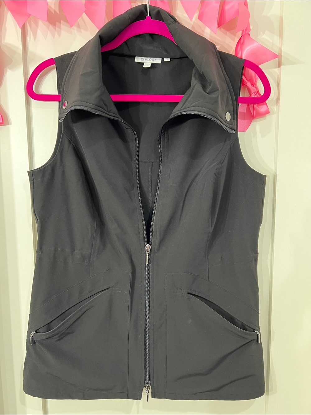 Chico's Black Sleeveless Funnel-Collar Zip Vest